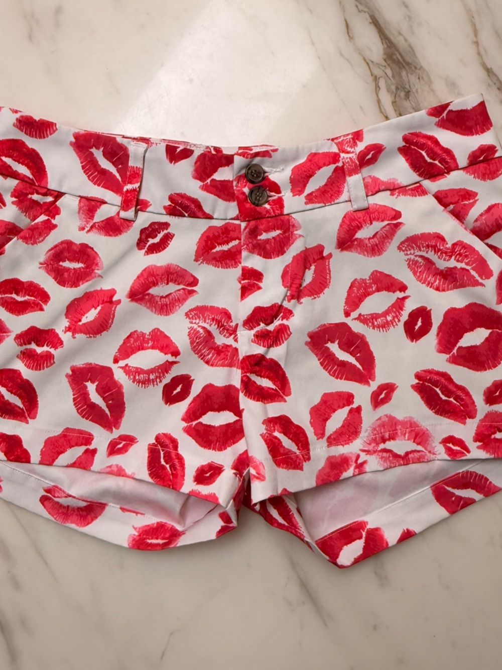 Women's White Athletic Shorts with Red Lip Print